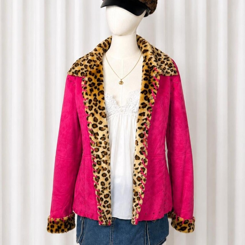 Vintage Y2K Méchant Hot Pink Leopard Faux Fur Jacket 🐆